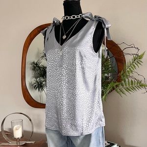 CLOSET CLOSEOUT SALE!! NWOT - LUNE Dalmatian Jacquard Tie Shoulder Satin Blouse